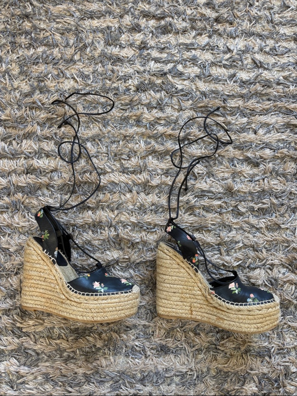 Saint Laurent Natural Raffia Wedges with Black Floral Ties 36 - Picture 4 of 13